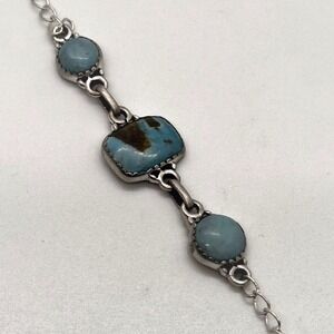 Vintage‎ 925 Sterling Silver Link Bracelet Turquoise Stone Southwestern 8.25 In